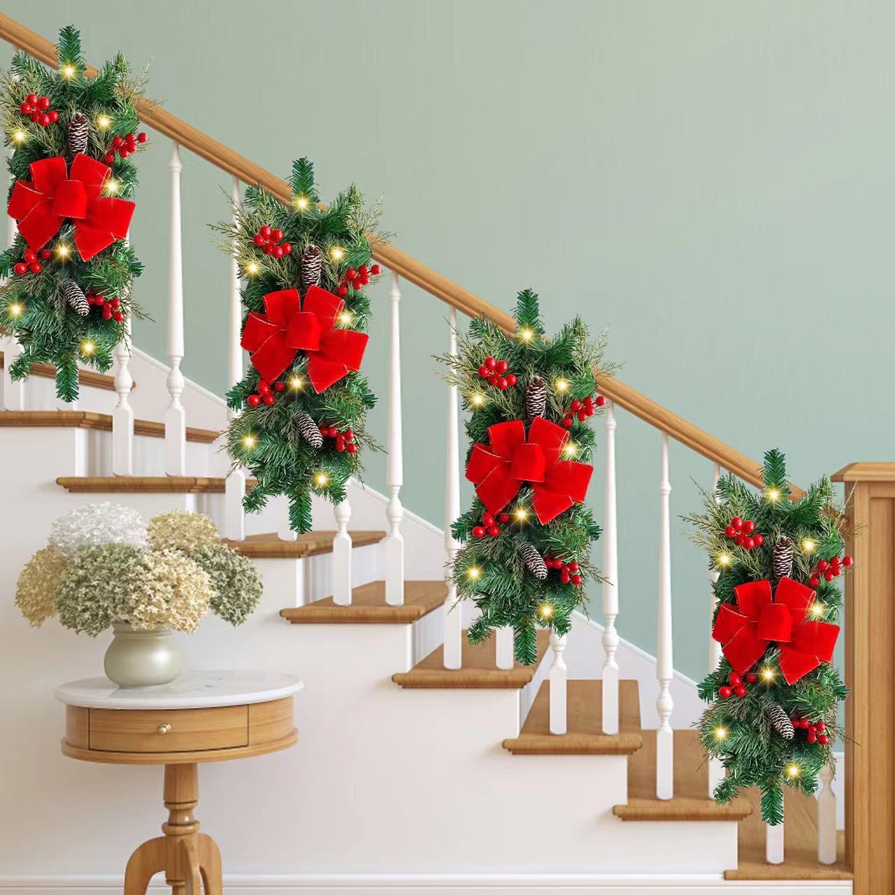 LED Staircase Red Vine Bow Wreath