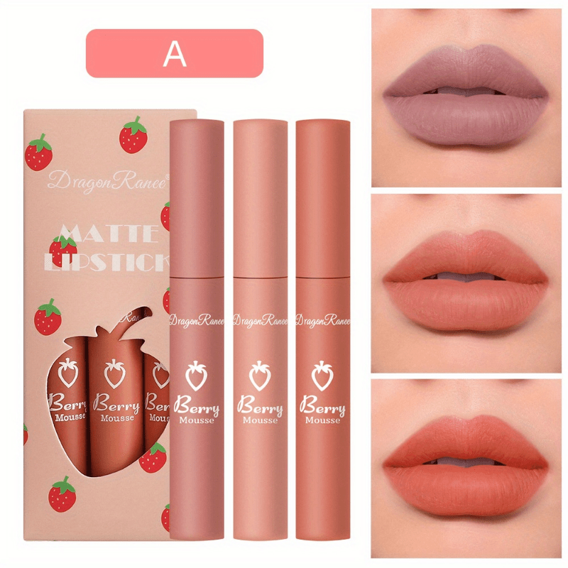 3 Colors Strawberry Berry Matte Lipstick, Softness Velvet Matte Lip Gloss,