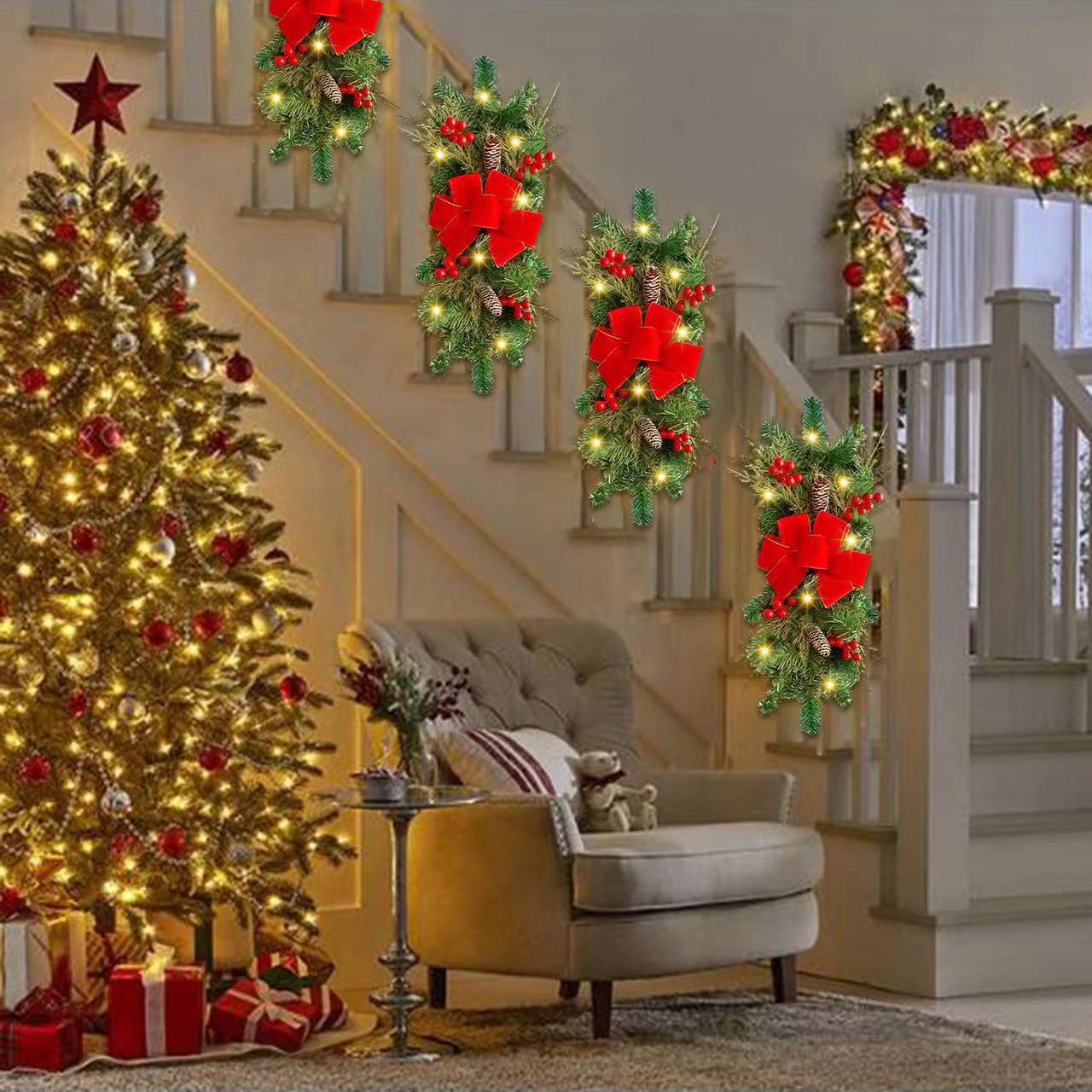 LED Staircase Red Vine Bow Wreath